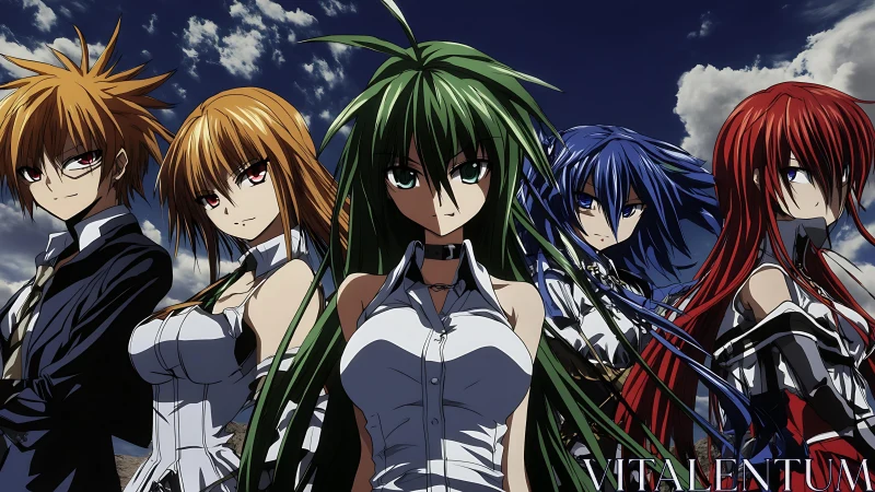 Intense anime squad under dramatic storm-lit sky.