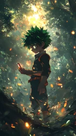Green-haired boy in glowing forest holding bright device.