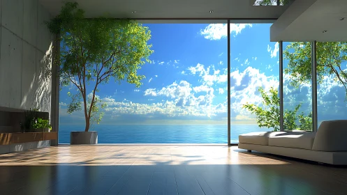 Sunlit minimal loft gazing into a quiet blue horizon.