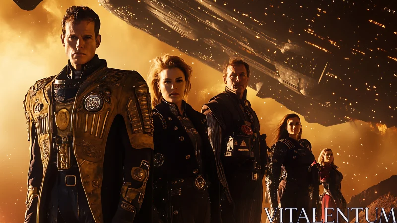 Bold spacefaring crew stands united beneath vast starship