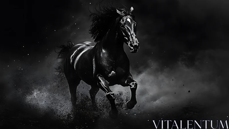 Black horse runs forward through particulate dust cloud