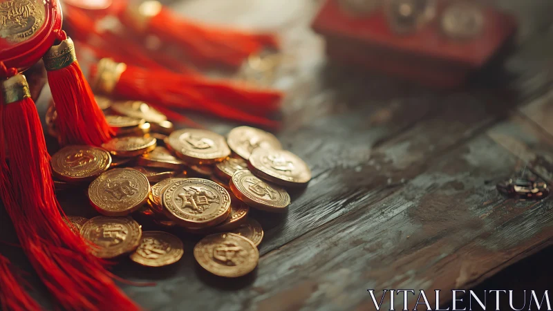 Chinese gold coins with red tassels in warm lamplight.