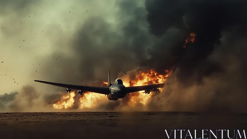 Warplane silhouette cuts through incendiary smoke plume