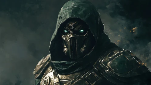 Hooded cybernetic warrior stands in stormlit battlefield haze