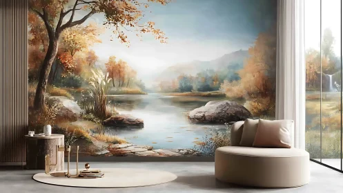 Autumn lake mural wraps a serene modern lounge in calm.