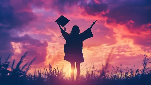 Silhouetted graduate celebrating beneath chromatic storm sky.