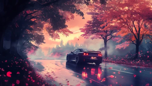 Sports car glides through neon autumn forest at dusk.