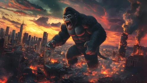 Digital painting of colossal gorilla over burning cityscape.