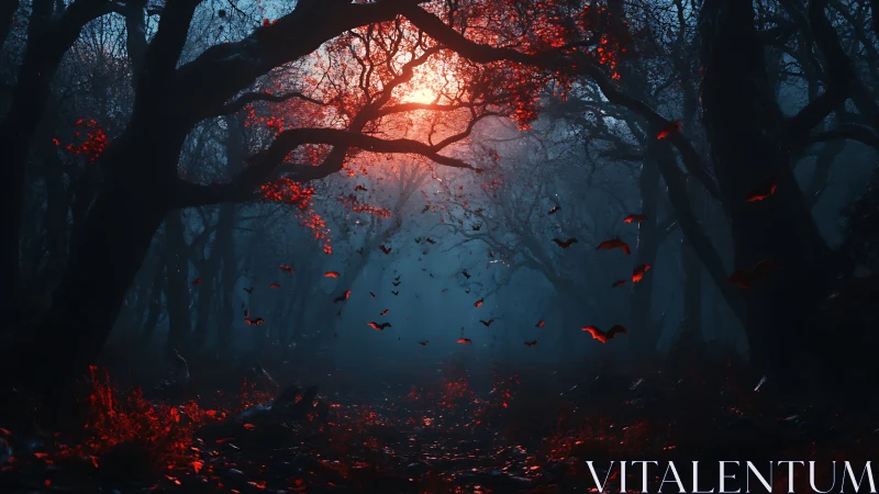 Dark forest path under red moon with flying bats at dusk.