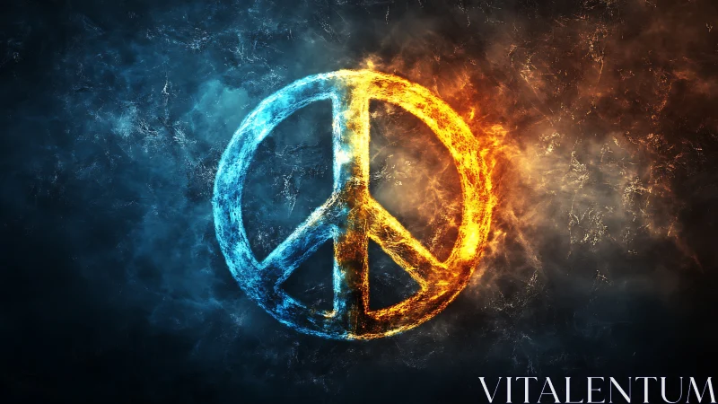 Peace symbol rendered in opposing fire and ice effects.
