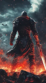 Armored warrior stands over burning lava field, sword drawn