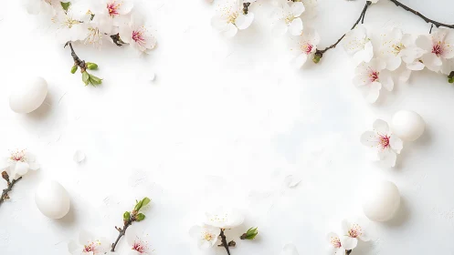 High-key flat lay of white eggs and cherry blossoms on textured surface