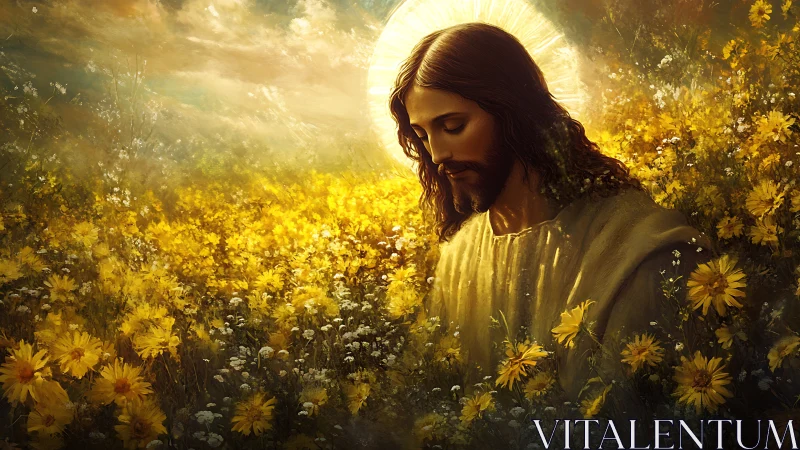 Sunlit savior bowed in a golden meadow of quiet blooms.