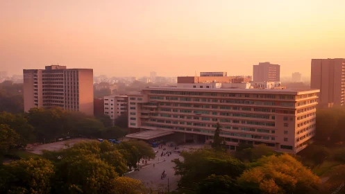 Sunlit university campus block under hazy urban skyline.