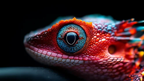 Vibrant reptile eye gleams with neon colors against darkness
