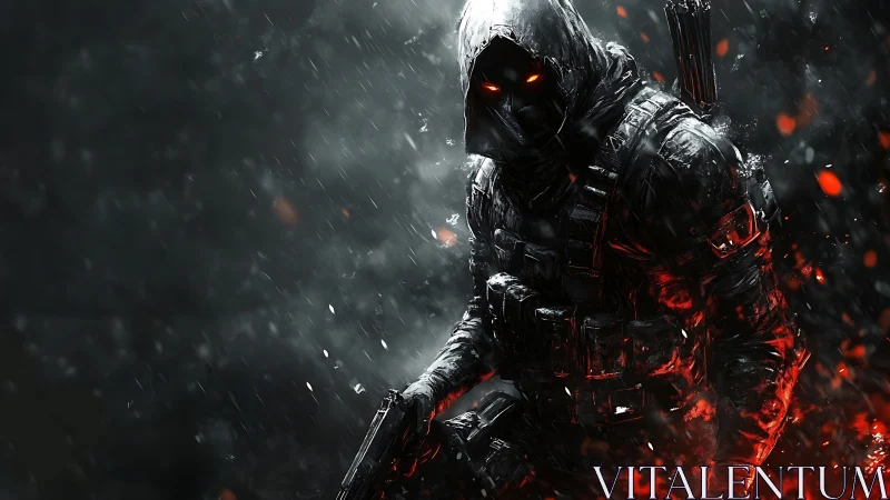 Hooded night warrior glowing with ember bright resolve.