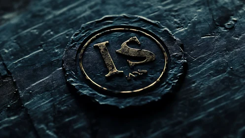 Elegant gold IS emblem resting on weathered stone seal.