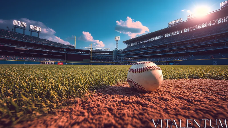 Sunlit baseball closeup on infield grass inside stadium.