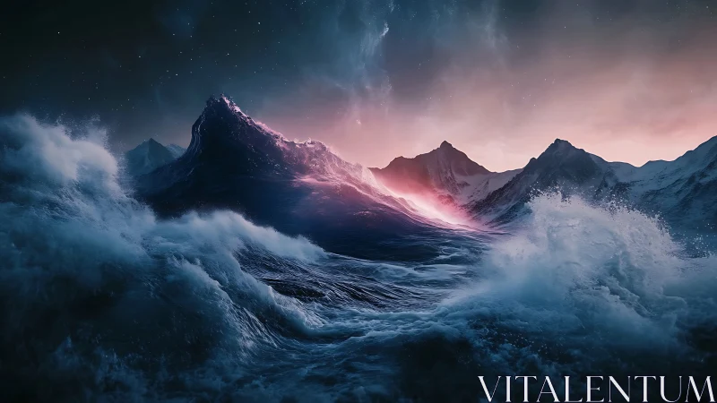 Tidal mountains collide with starlit dawn in liquid thunder