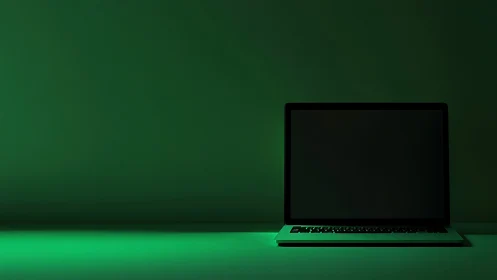 Closed laptop computer sits on flat surface in green light