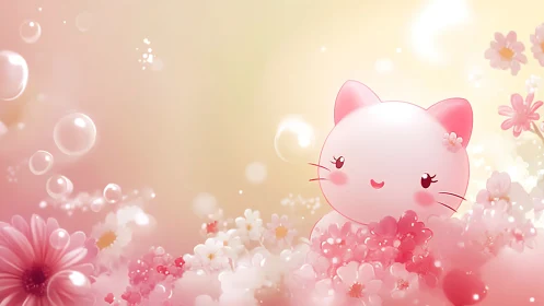 Rosy Feline Dreams Bloom Within Pastel Flower Clouds