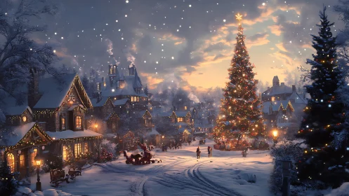 Snowy village Christmas eve wrapped in golden lamplight.
