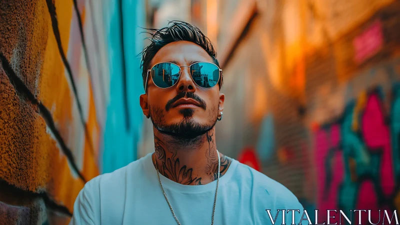 Reflections in chrome shades rewrite a neon-splashed alley