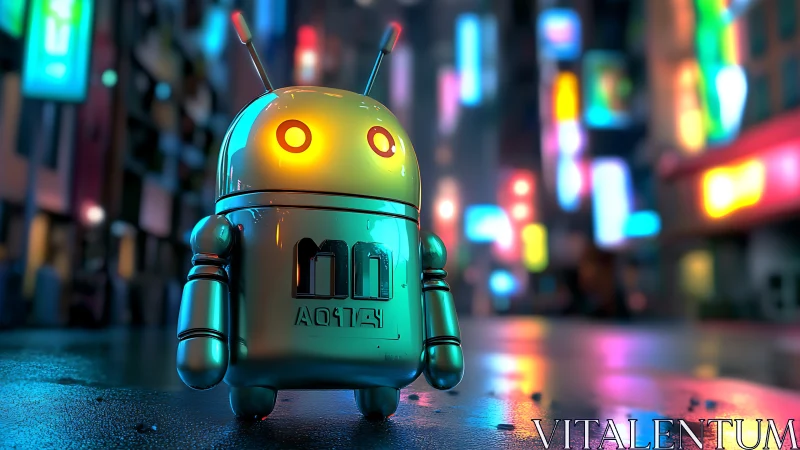 Chromed robot glows under neon city lights at night streets