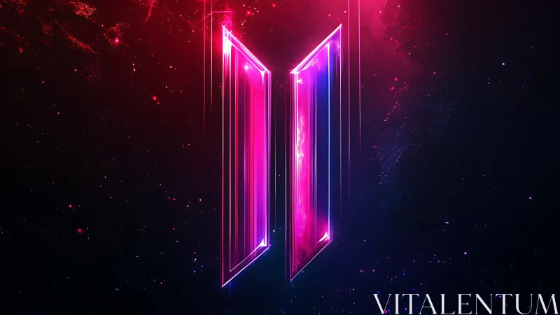 Neon geometric portal shape on dark cosmic gradient background.