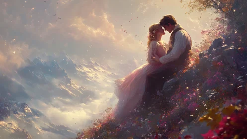 Romantic Embrace Against Alpine Landscape with Flowering Vines.