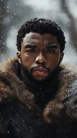 Stoic warrior in fur cloak stands amid falling snow.