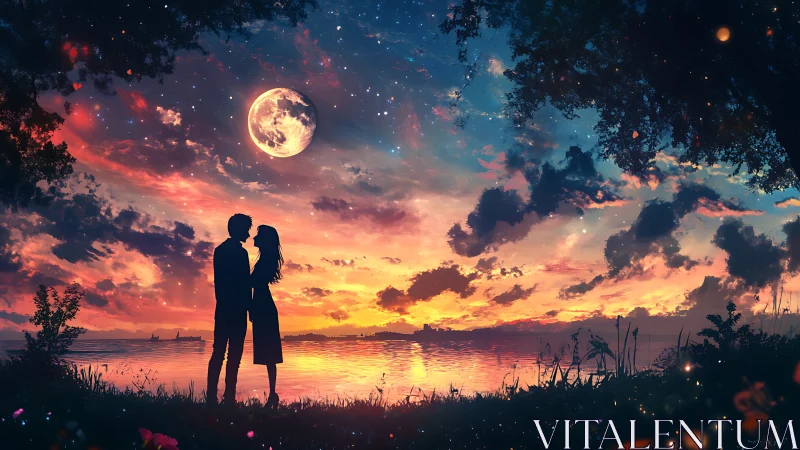 Silhouetted couple at lakeside beneath full moon and golden sunset sky
