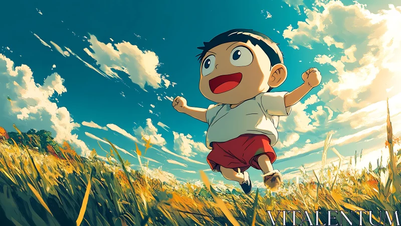 Joyful child runs through sunlit summer field, sky blazing.