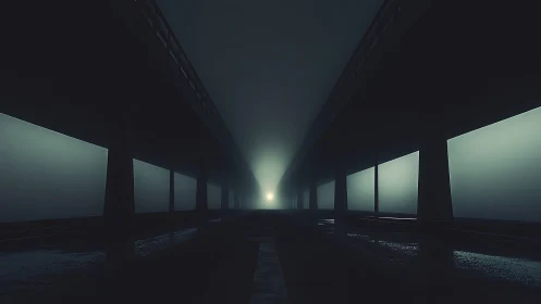 Empty highway underpasses fading into dense blue-green fog.