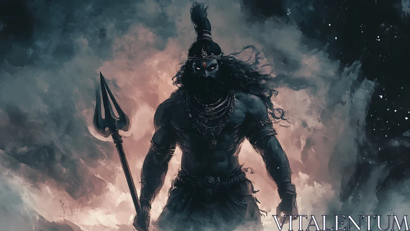 Storm-lit warrior god with trident amid swirling clouds.