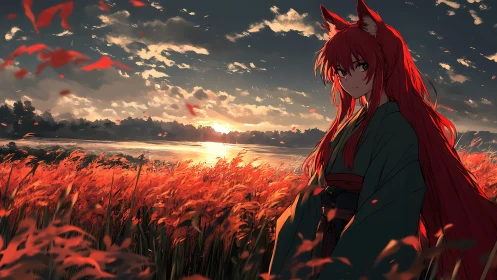 Fox-eared girl wandering through a glowing sunset field.