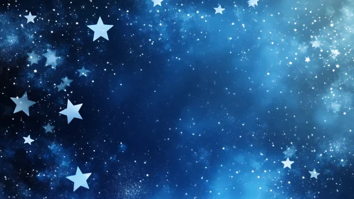 Stylized blue night sky blends soft stars and glowing nebula