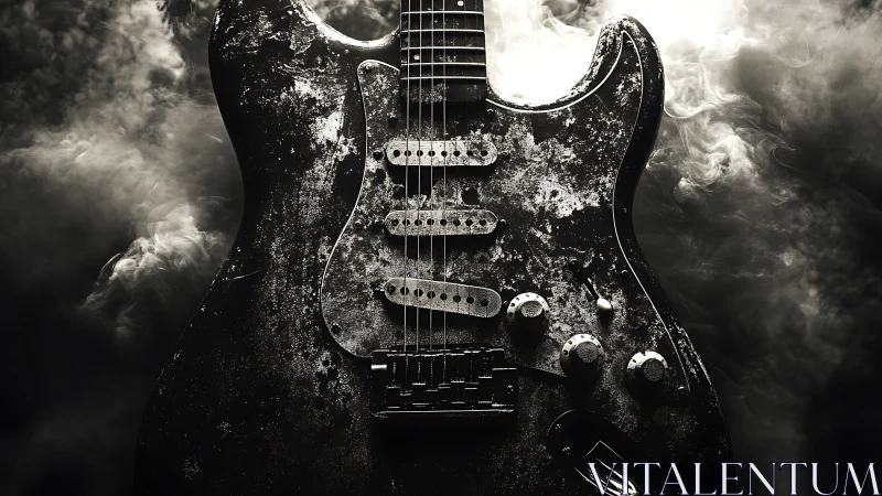 Worn electric guitar body in dramatic smoky closeup view.