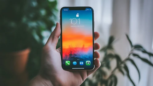 Locked iPhone displaying sunset gradient lock screen in hand.