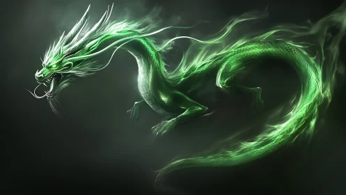 Glowing green serpentine dragon in dark swirling mist.