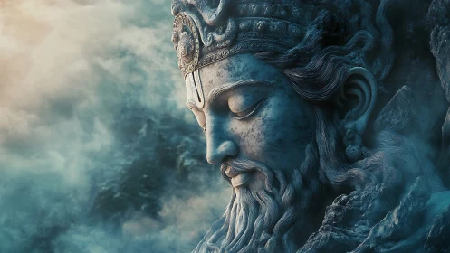 Serene stone deity rests in misty blue mountain silence