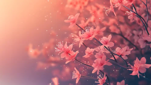 Pink Cherry Blossoms with Sparkling Light Particles.