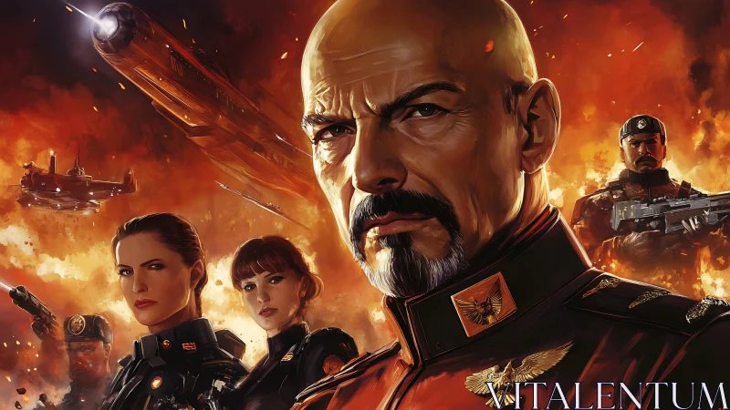 Commanding military leader amid fiery sci fi battlefield.
