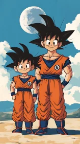 Warmhearted father and son heroes under a bright sky.