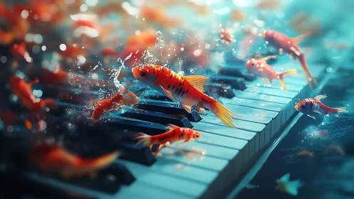 Koi fish surge across piano keys in glowing underwater haze