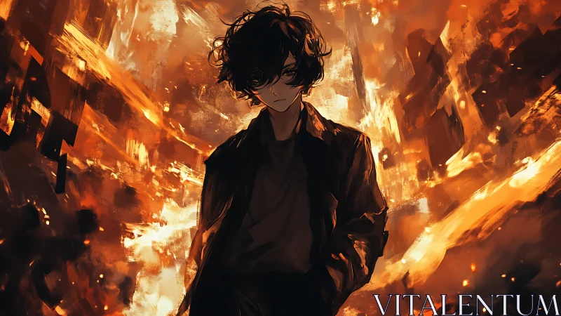 Quiet rebel walking through a storm of painted fire.