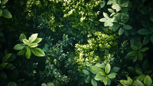 Photorealistic overhead study of dense tropical foliage canopy.