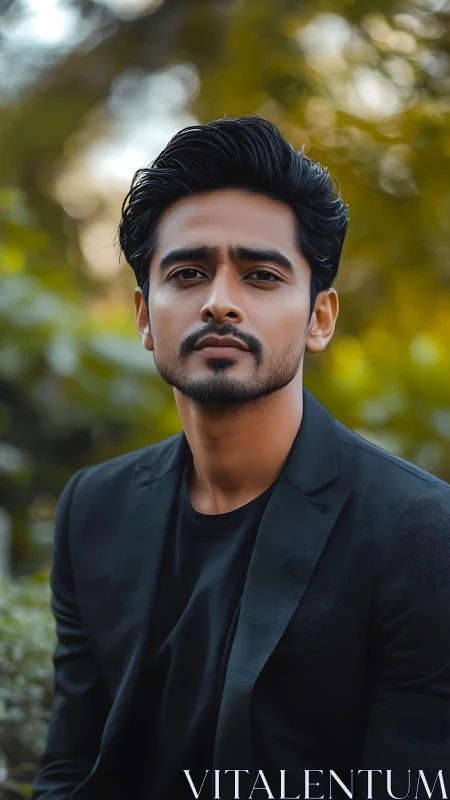 Calm portrait of a confident man in a dark blazer outdoors