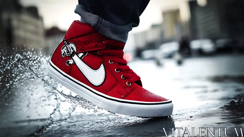 Crimson street sneaker slices through city rain in mid-stride