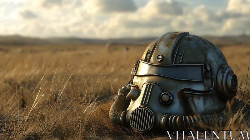 Rusting sci fi helmet resting in dry grassland field.